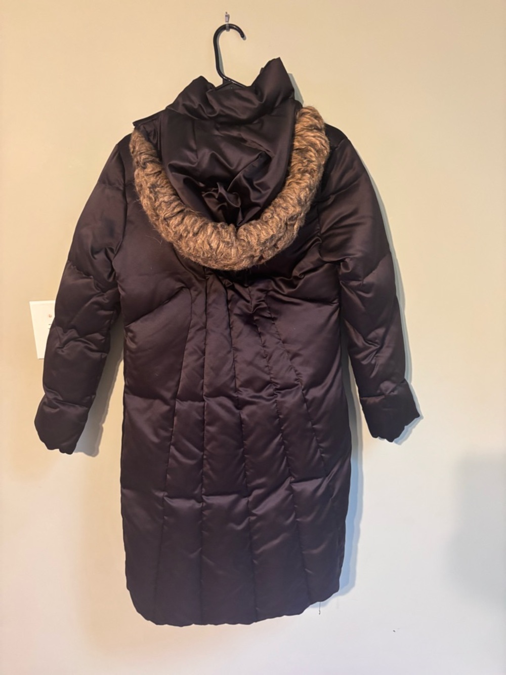 Calvin Klein Black Long Puffer Coat with Faux Fur Hood Trim